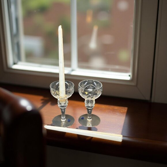 2 Hadeland Norway Crystal Stem Candle Holders with Labels Cut Starburst Coupe Fo - Picture 6 of 10